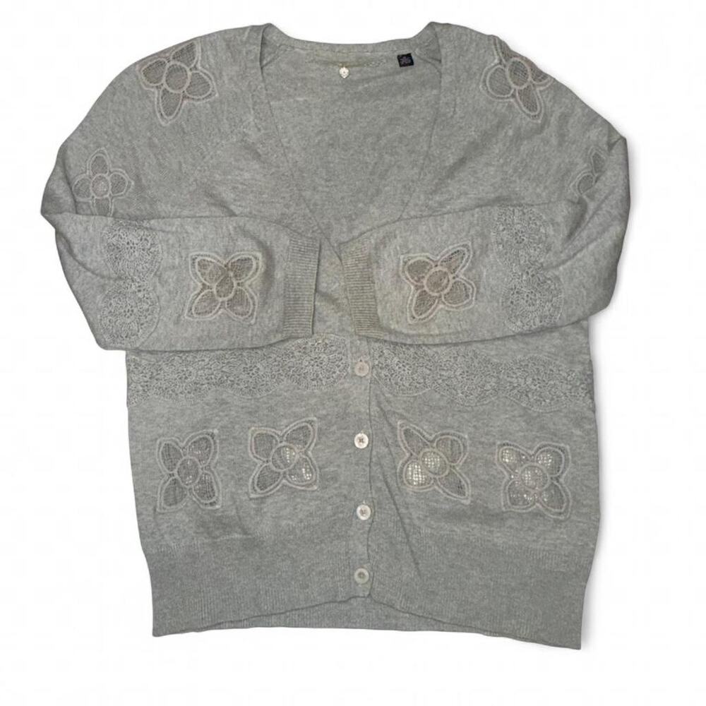 Knitted & Knotted Anthropologie Floral Embroidered Cardigan M Grey Fairycore